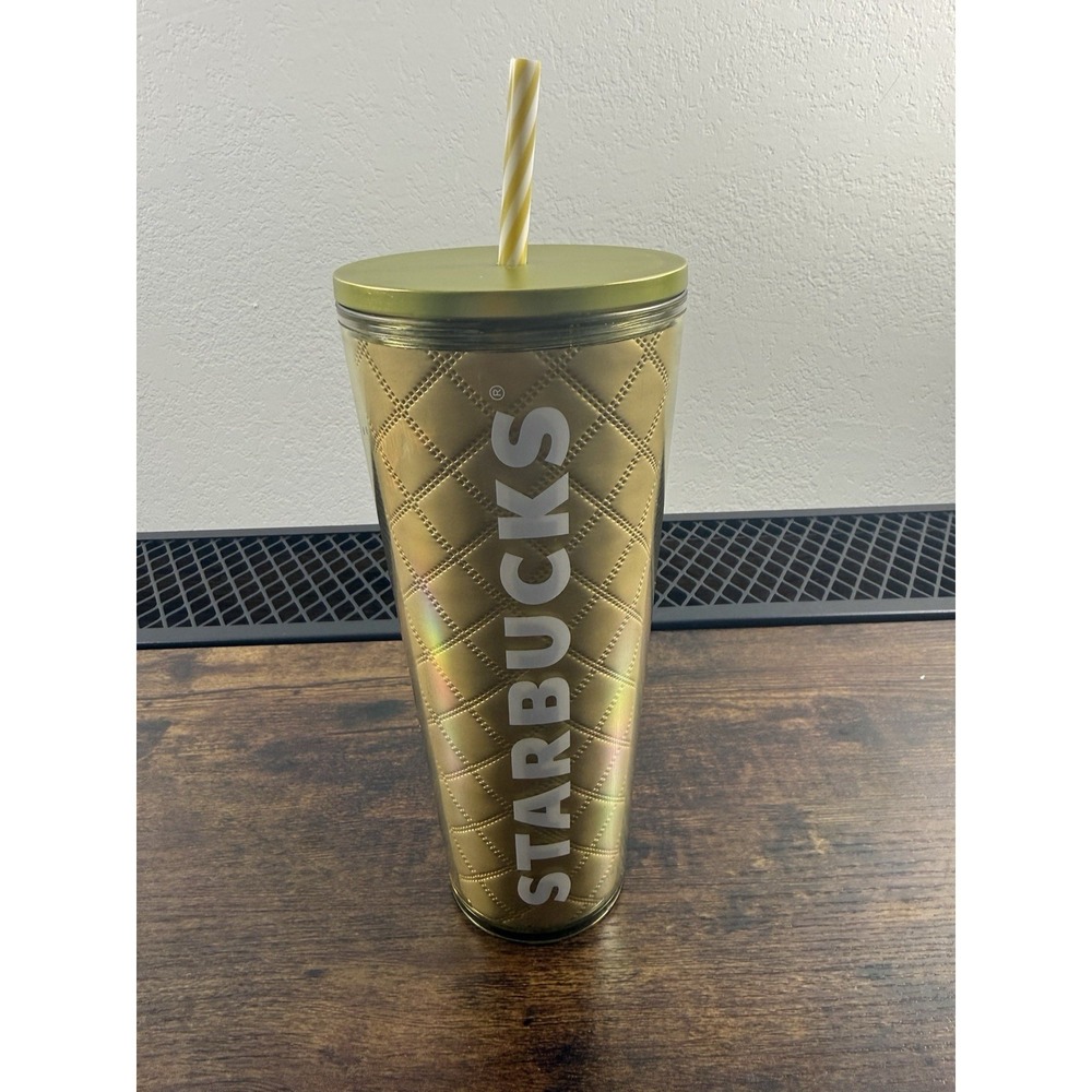 2024 STARBUCKS HOLIDAY METALLIC‎ GOLD QUILTED 24oz VENTI TUMBLER COLD CUP